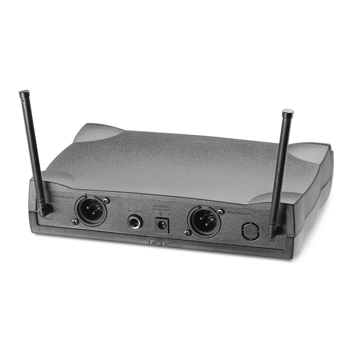 Rear of the Stagg SUW 50 LL EG US 2-channel receiver showing the two antennas, XLR outputs and power input