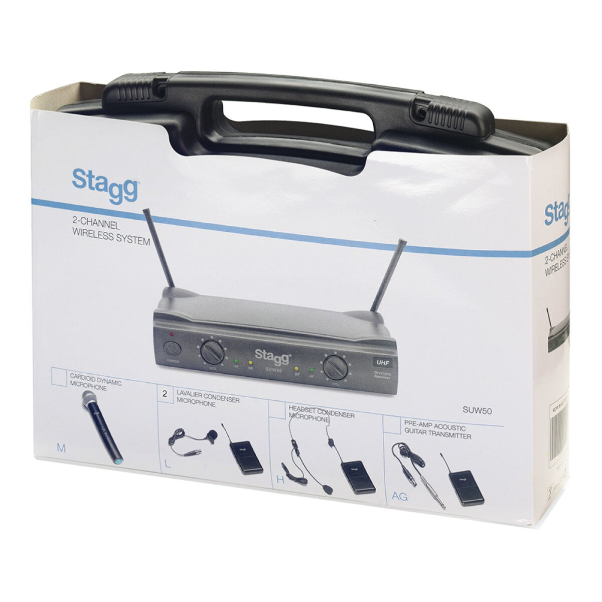Retail box of the Stagg SUW 50 LL EG US 2-channel wireless system with a carrying handle