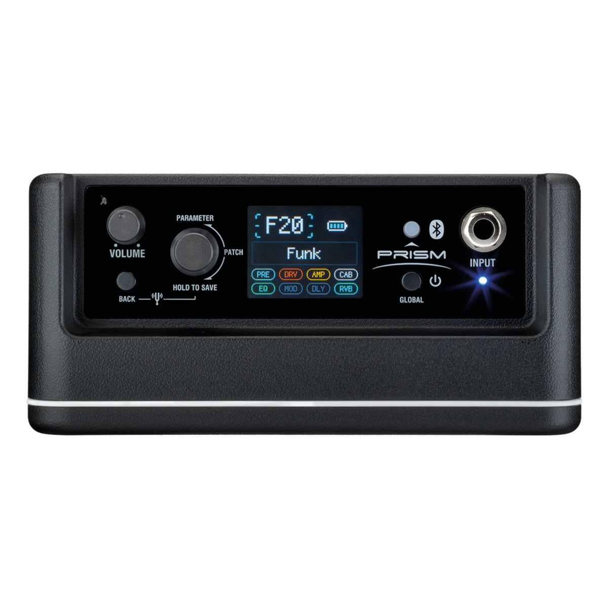 Top control panel of the Laney PRISM-MINI Black with colour display, volume knob, parameter knob, back button, Bluetooth and power buttons, and guitar input jack