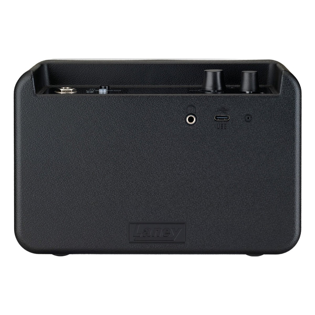 Rear of the Laney PRISM-MINI Black showing the headphone output and USB Type-C power port