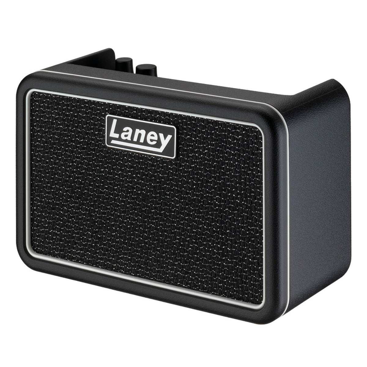 Laney PRISM-MINI Black desktop guitar amp seen at an angle showing the front grille and top-mounted knobs