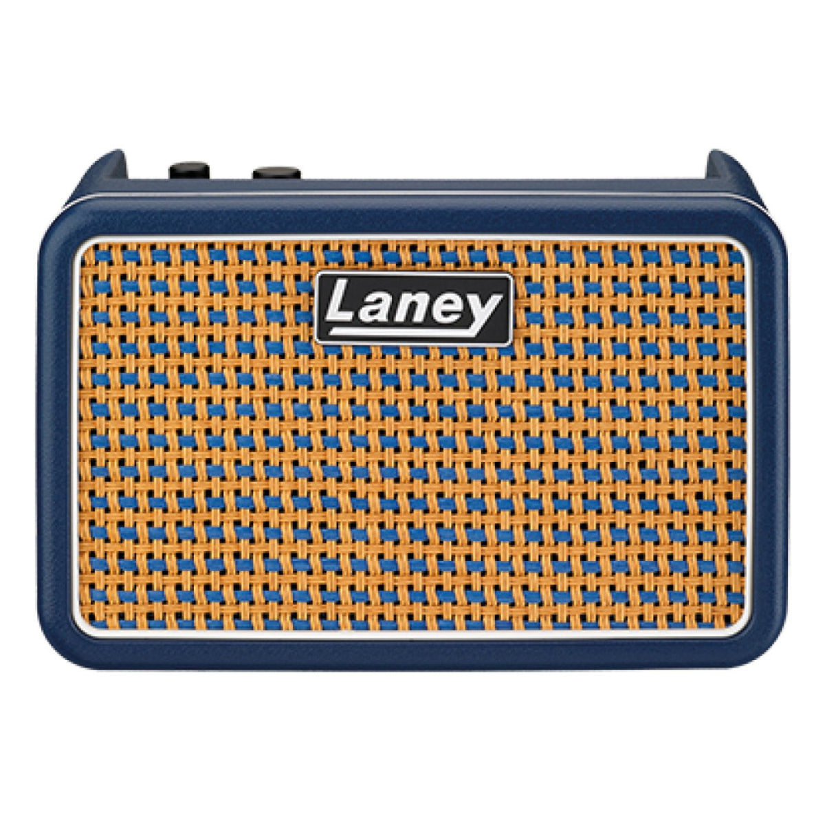 Laney PRISM-MINI Blue portable stereo multi-FX guitar amp and Bluetooth speaker, front view of the blue case with orange and blue woven grille and Laney badge