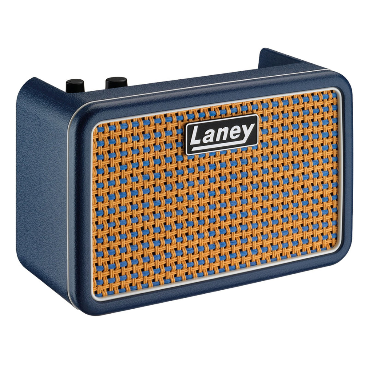 Laney PRISM-MINI Blue desktop guitar amp seen at an angle showing the woven grille and top-mounted knobs