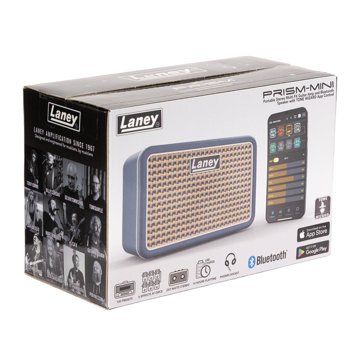 Retail box of the Laney PRISM-MINI portable stereo multi-FX guitar amp and Bluetooth speaker with the blue amp pictured on the front