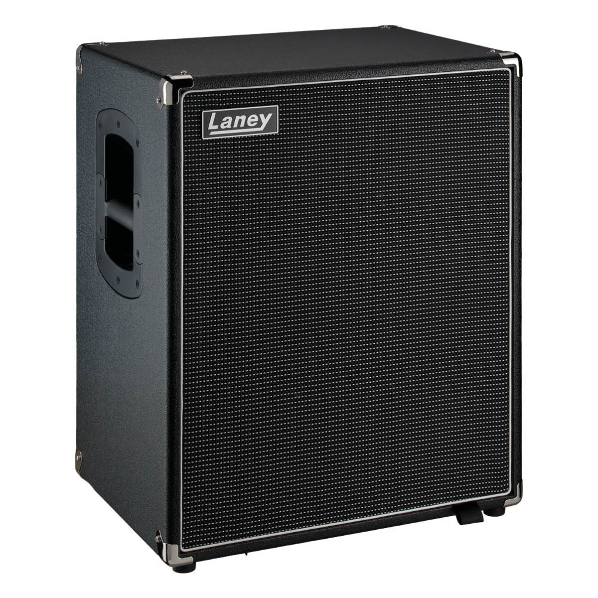 Laney Digbeth DBF210-4 left three-quarter view of the black 2x10 bass cabinet with Laney badge, silver-weave grille cloth and recessed side handles