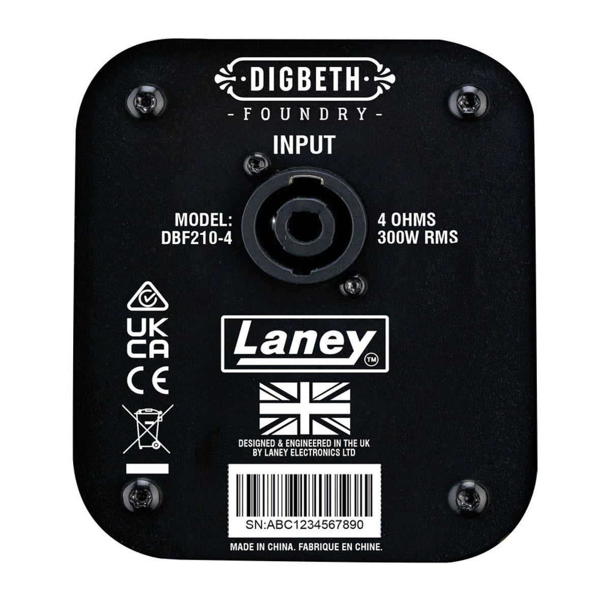 Laney Digbeth DBF210-4 close-up of the rear input plate with Digbeth Foundry badge and twist-lock input connector