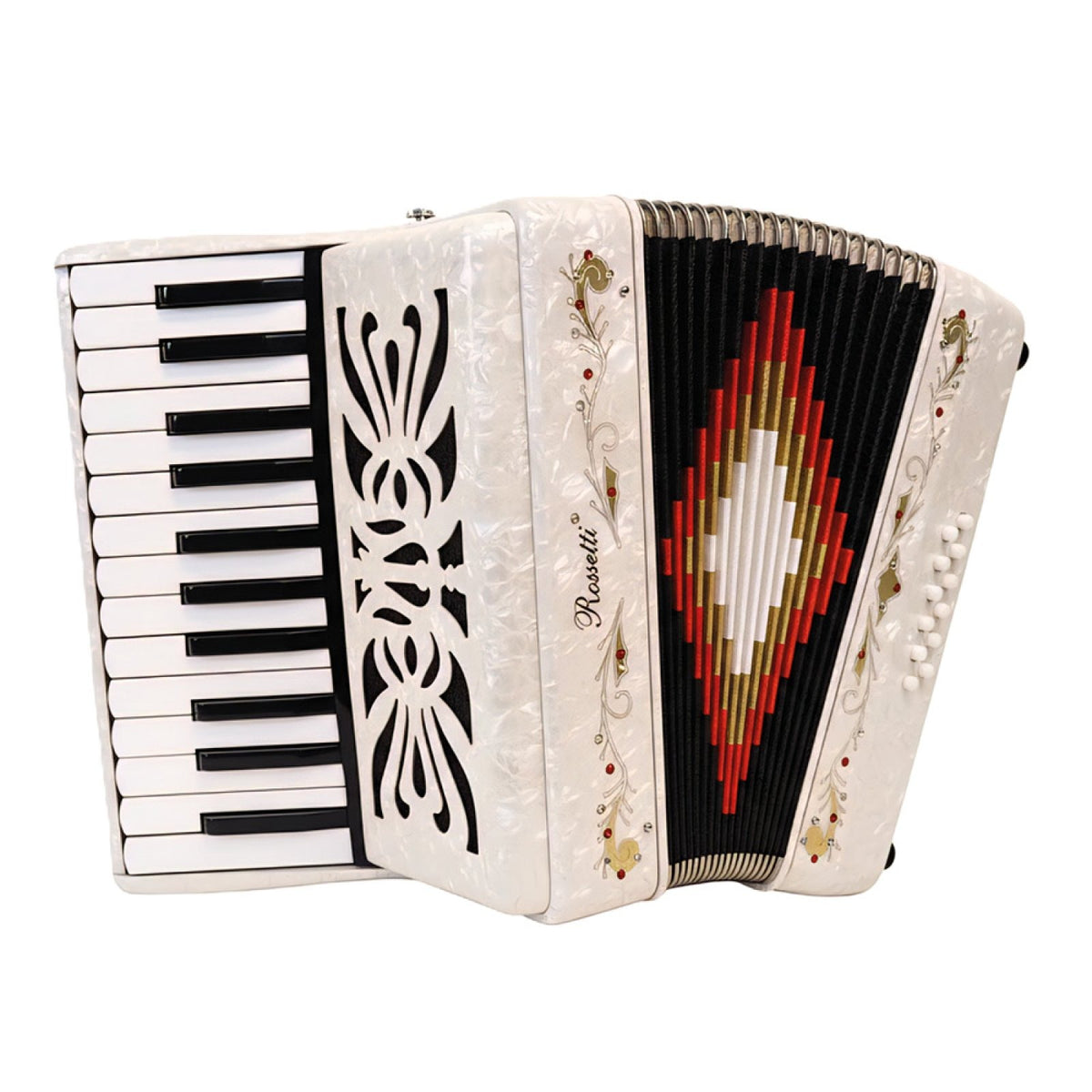 Rossetti 25-key white pearl piano accordion, front view showing keyboard and bellows