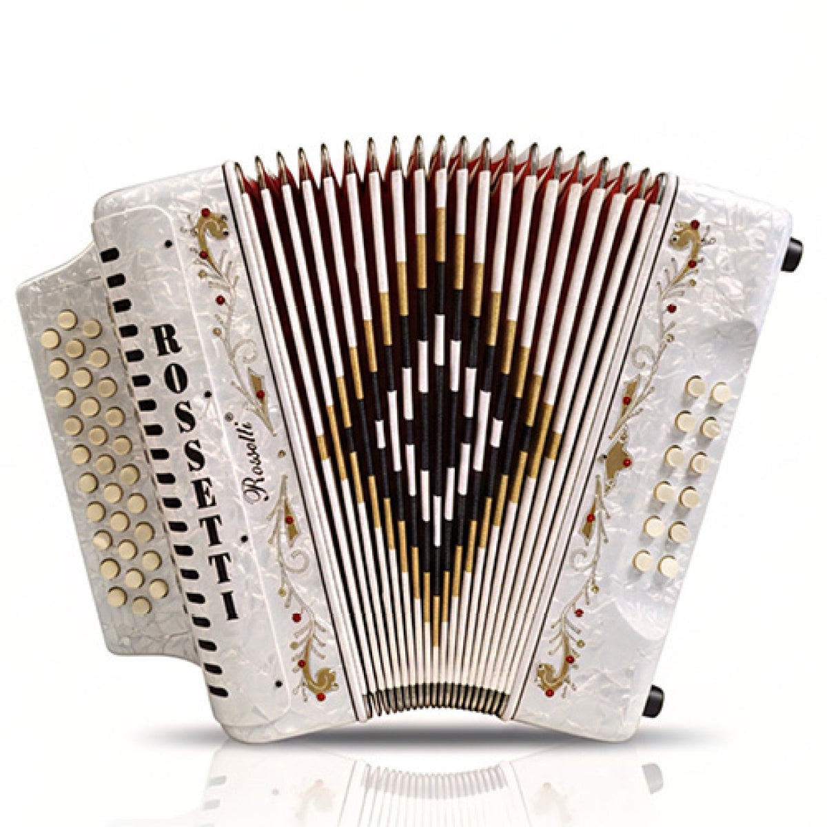 Rossetti white pearl 31-button GCF accordion, treble side with button keyboard and open bellows