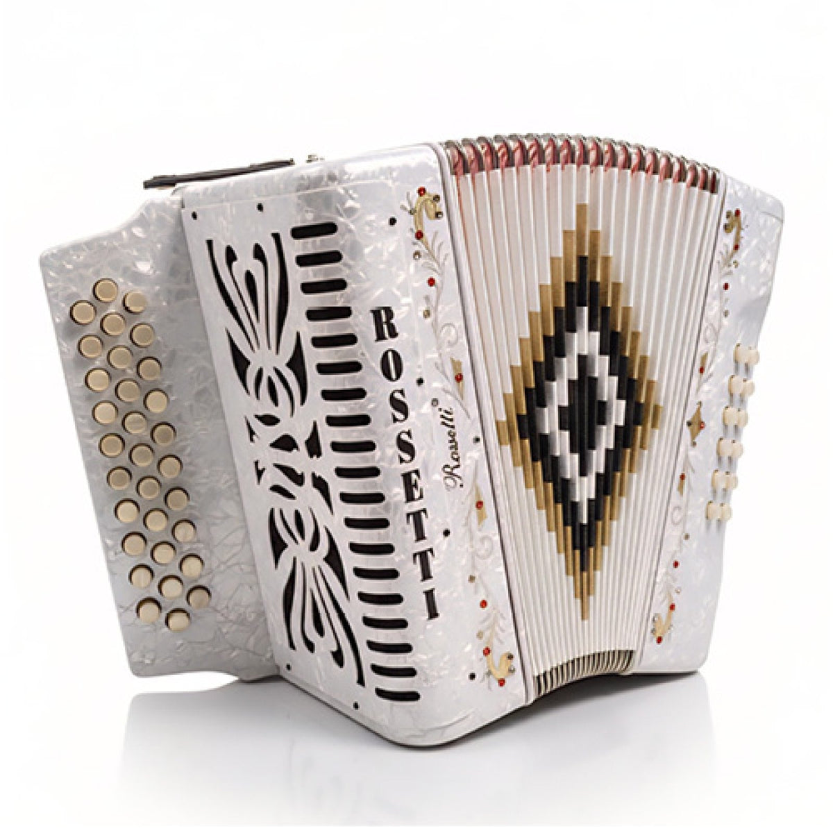 Rossetti white pearl 31-button GCF accordion, close view of treble buttons and bellows