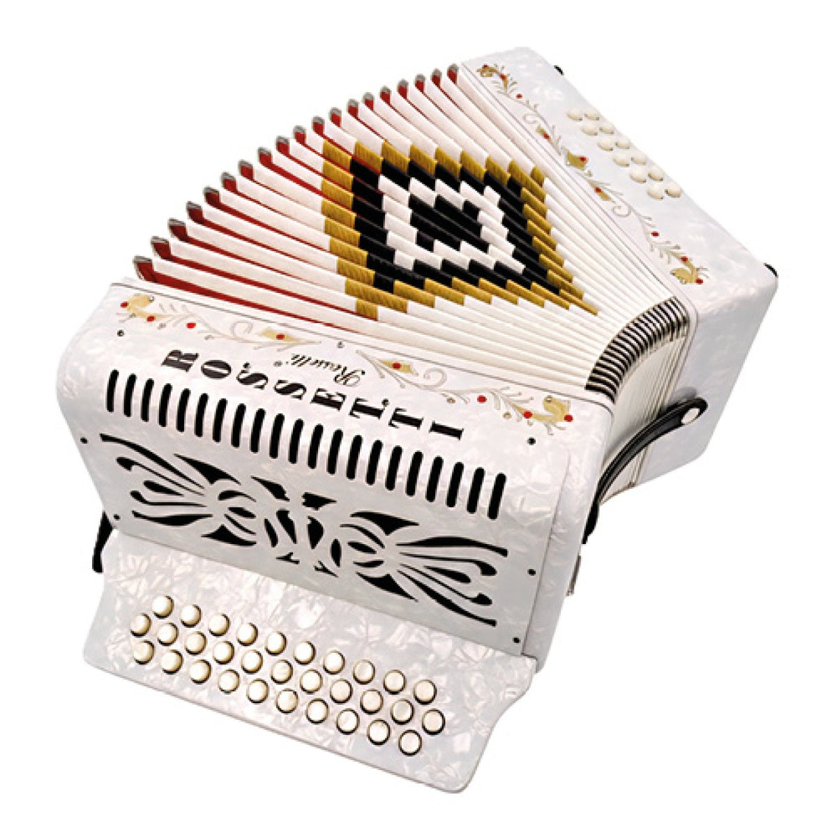 Rossetti white pearl 31-button GCF accordion viewed from above with bass buttons and open bellows