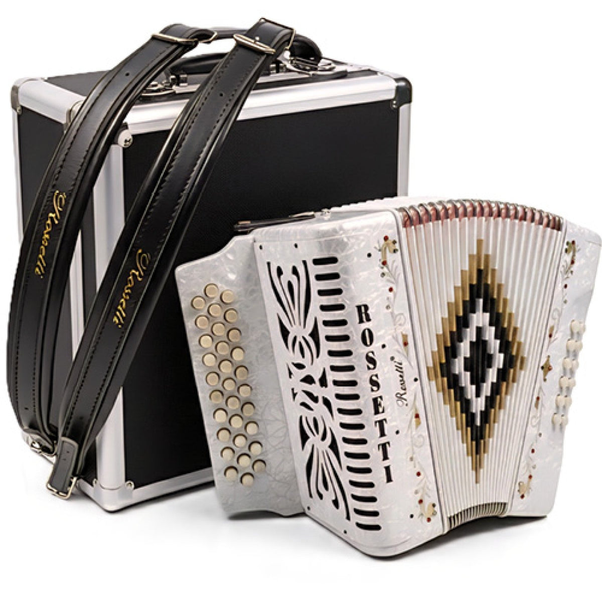 Rossetti white pearl 31-button GCF accordion with included black hard case and shoulder straps