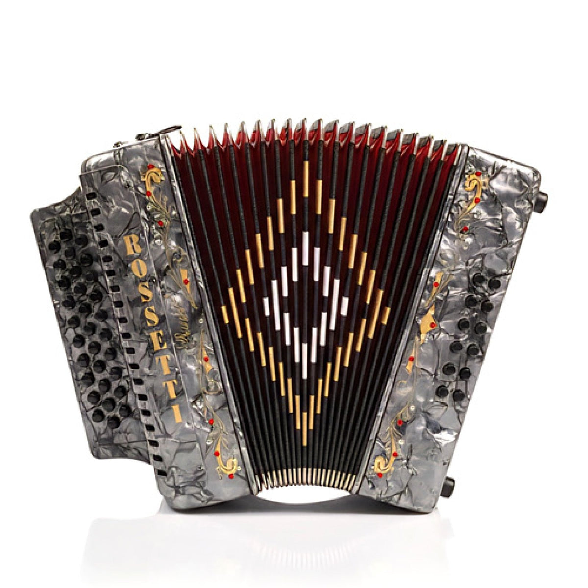 Rossetti gray pearl 31-button GCF accordion, treble side with button keyboard and open bellows