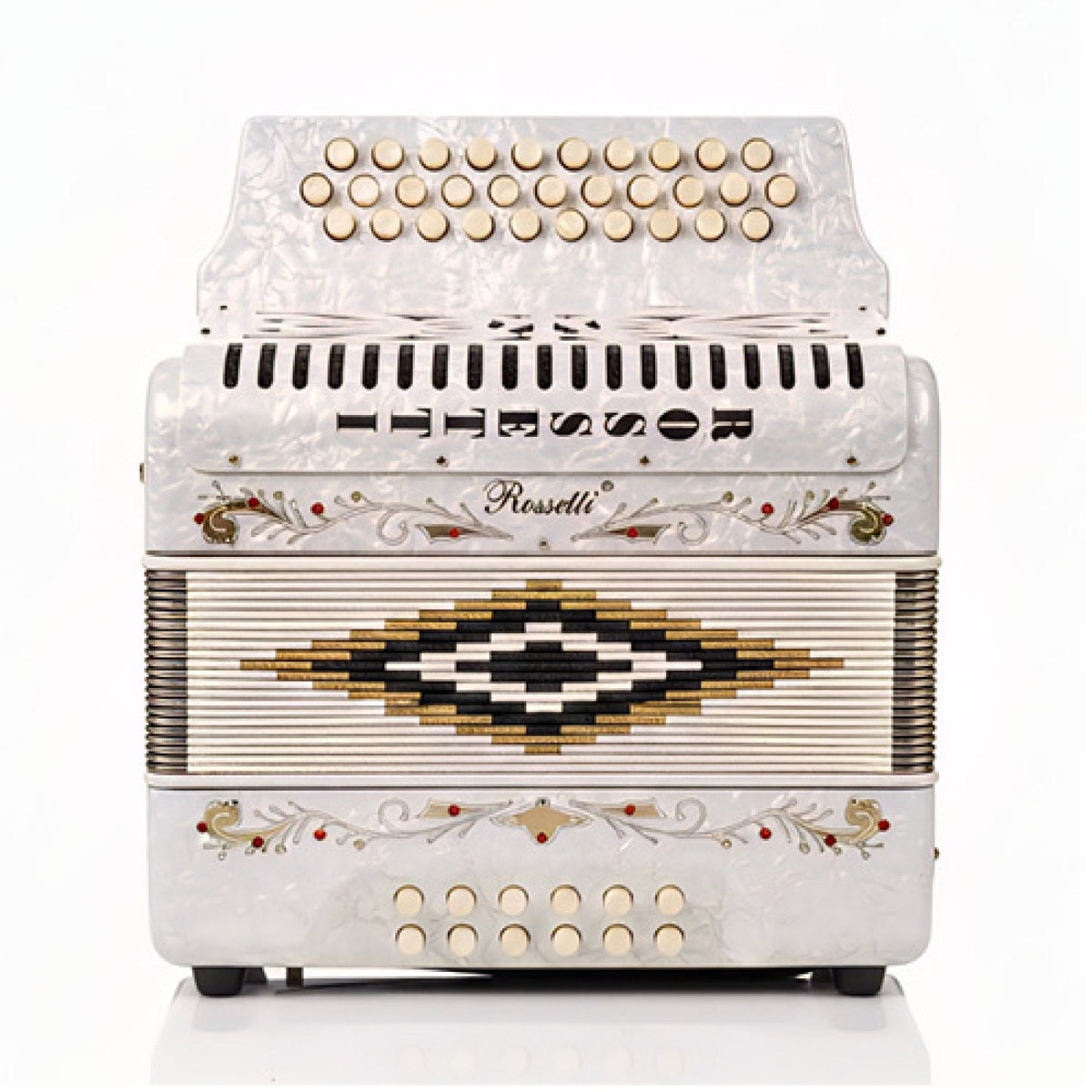 Rossetti white pearl 31-button FBE accordion, straight-on view of the bellows with treble buttons on top