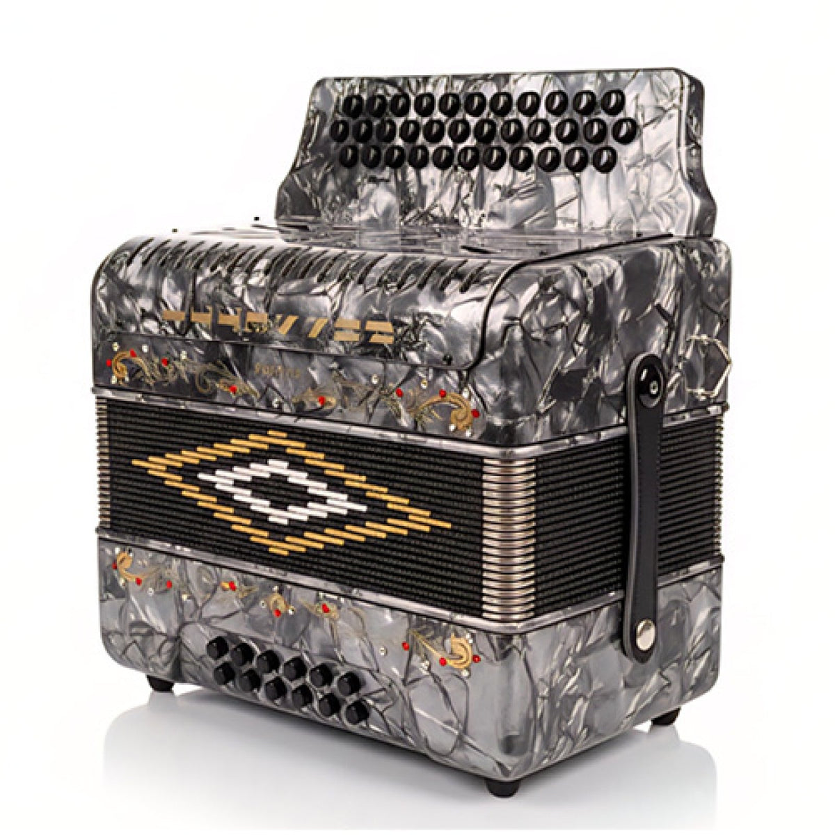 Rossetti 31-button FBE diatonic button accordion in gray pearl, angled view of treble side and bellows