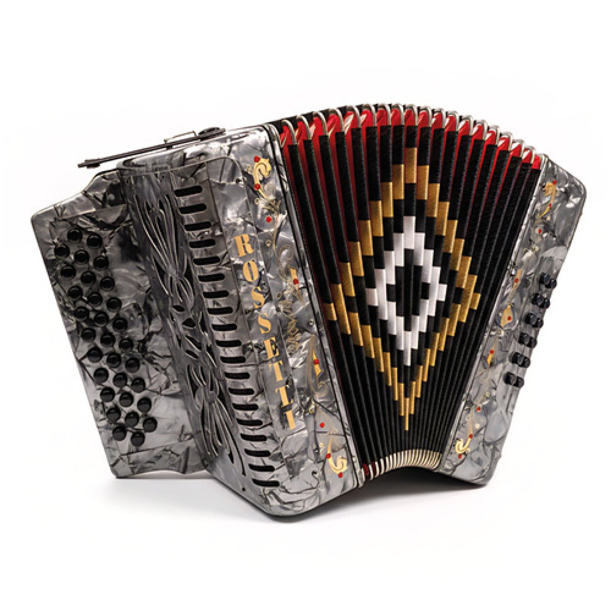 Rossetti gray pearl 31-button FBE accordion, close view of treble buttons and bellows