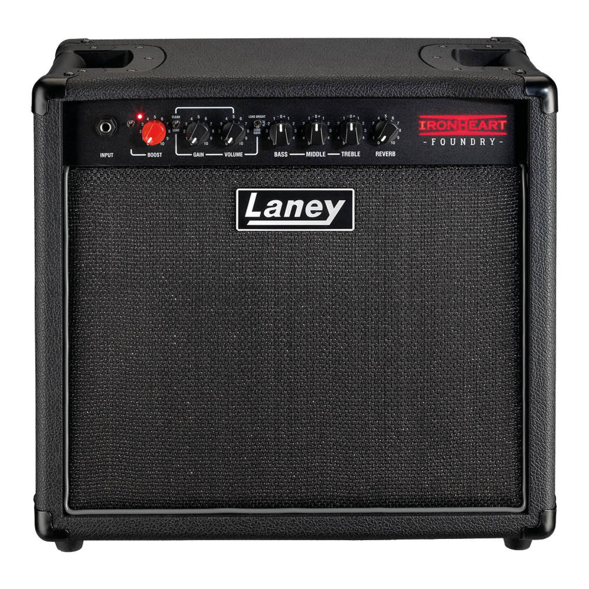 Laney IRF60-110 Ironheart Foundry 60W 1x10 analogue guitar combo amp, front view of the black cabinet with grille and Laney badge