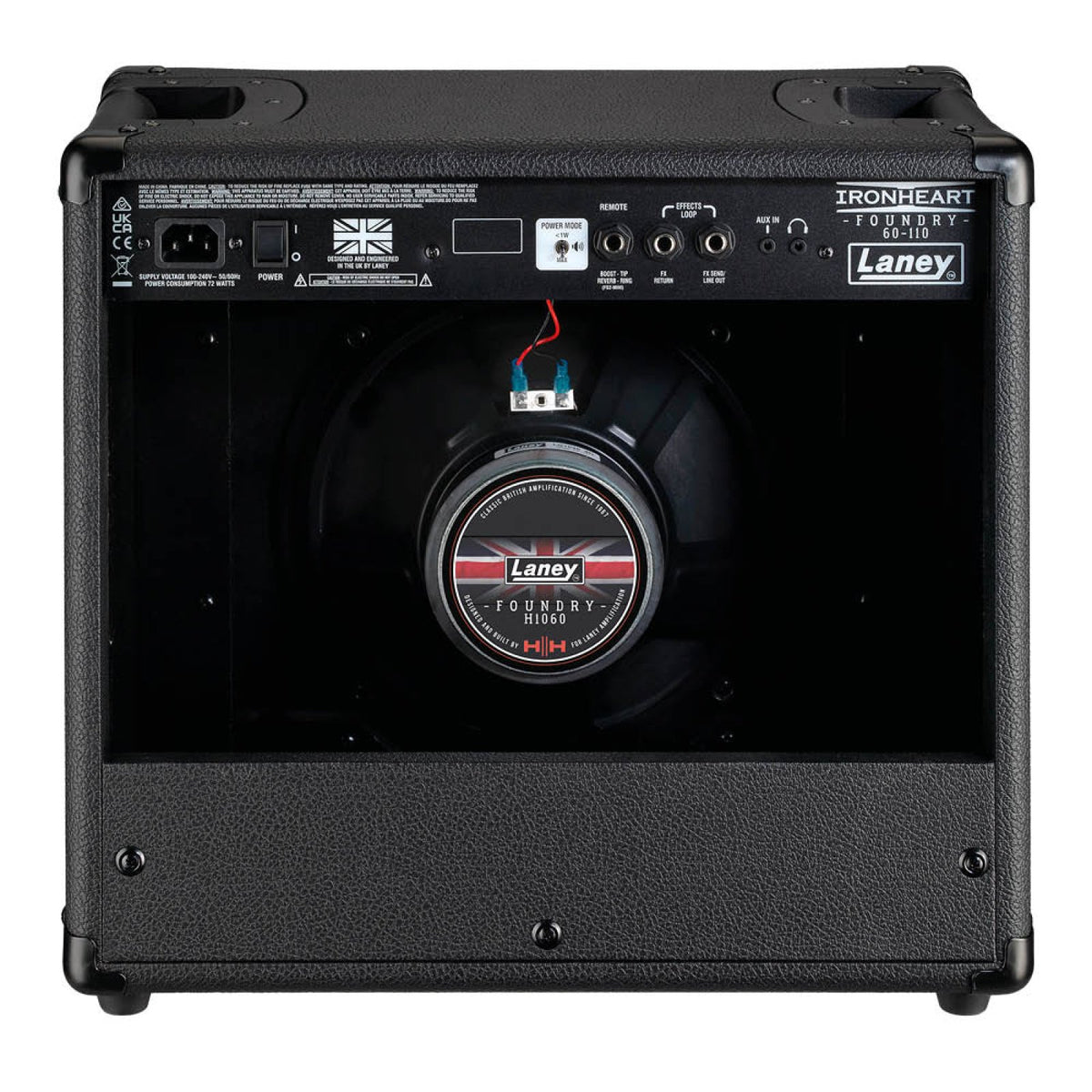 Rear of the Laney IRF60-110 combo amp showing the open back, 10-inch Laney HH driver and rear connection panel