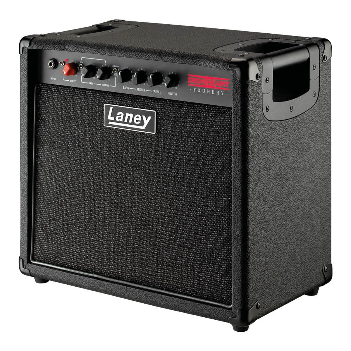 Laney IRF60-110 Ironheart Foundry combo amp seen at an angle showing the side handle, top control panel and grille