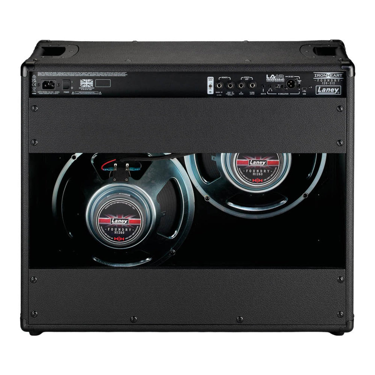 Rear of the Laney IRF120-212 combo amp showing the two 12-inch HH drivers and rear connection panel
