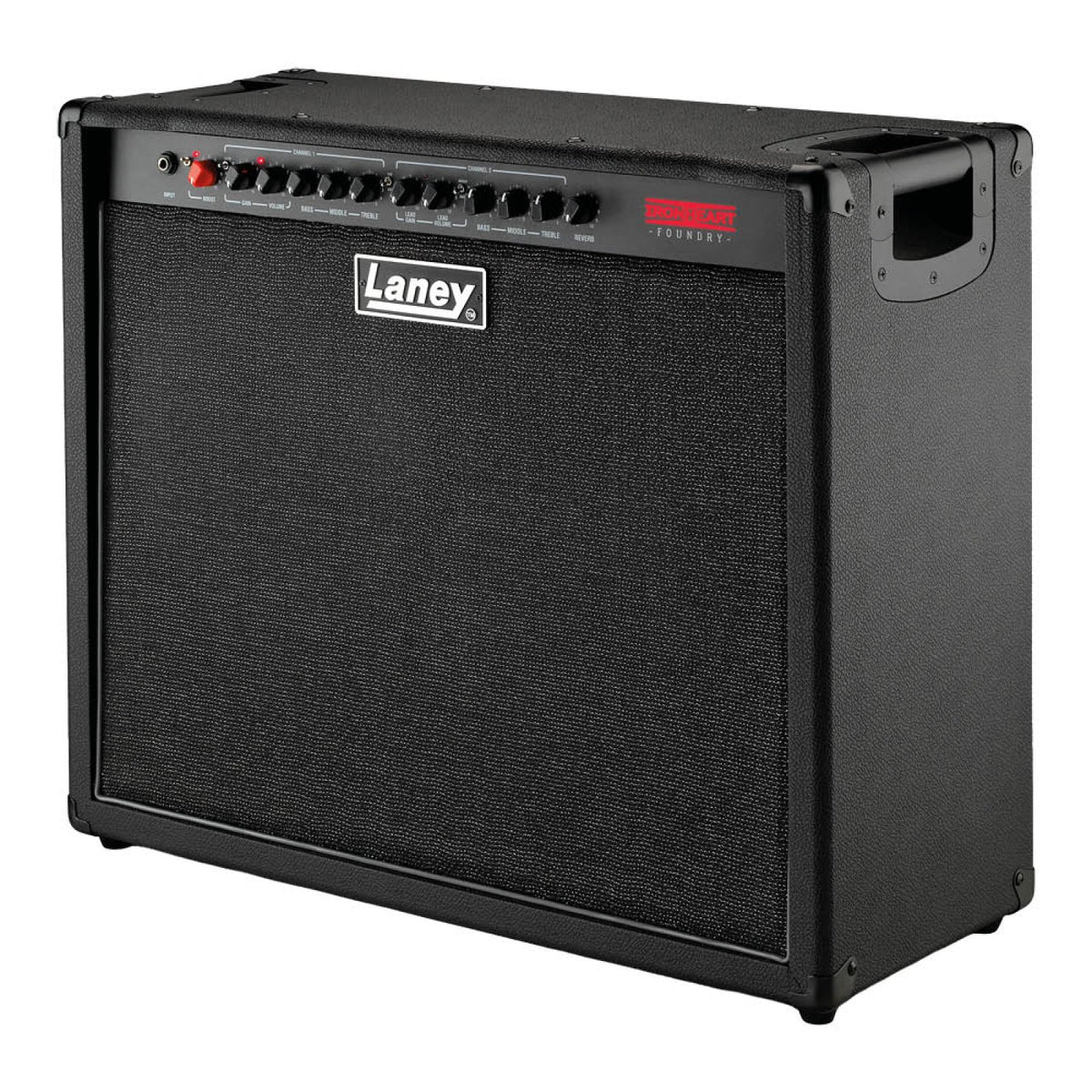 Laney IRF120-212 Ironheart Foundry combo amp seen at an angle showing the side handle, top control panel and grille