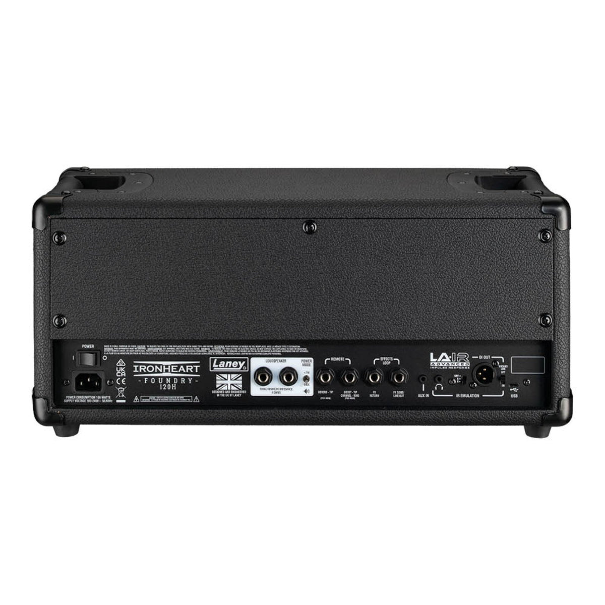 Laney IRF120H guitar amp head rear panel with inputs, outputs, USB-C and XLR direct out