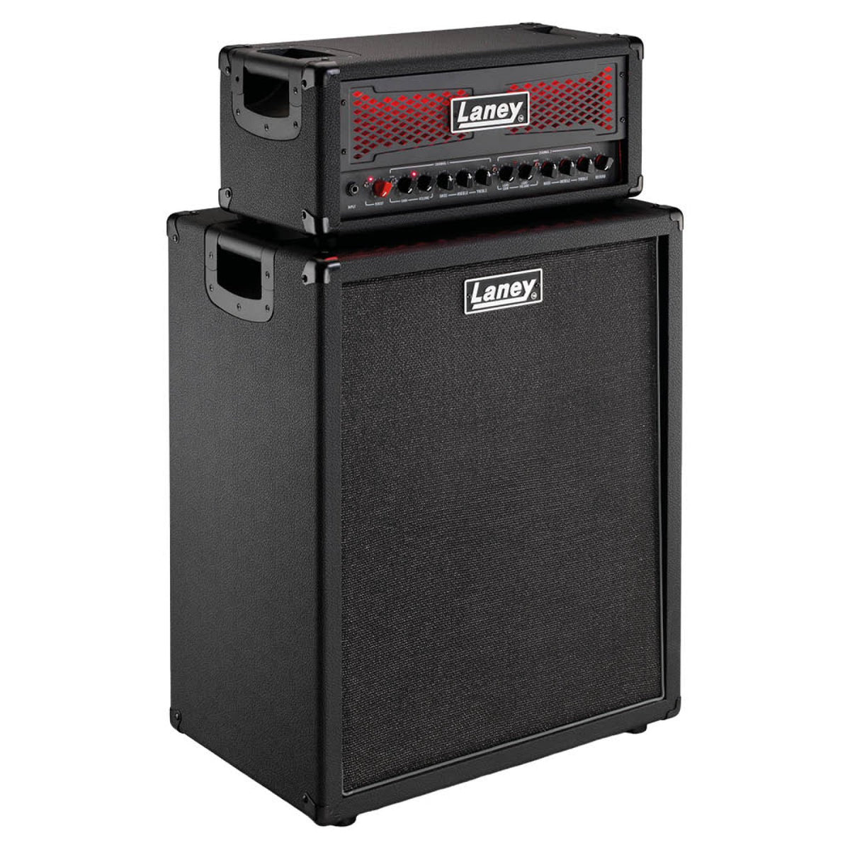 Laney IRF120H guitar amp head stacked on a Laney IRF212 2x12 cabinet