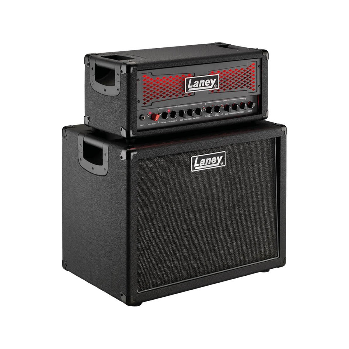 Laney IRF120H guitar amp head stacked on a Laney IRF112 1x12 cabinet