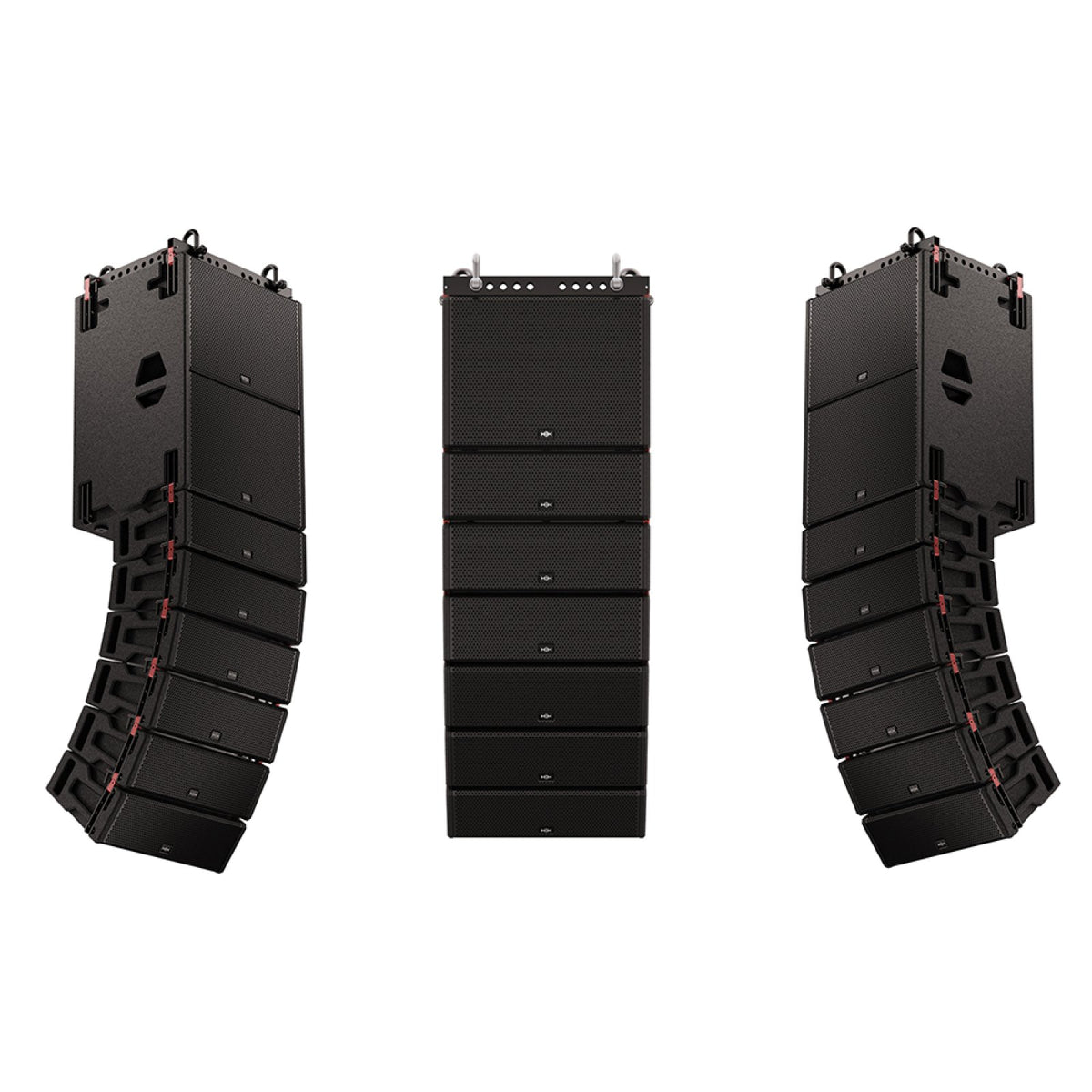 HH Audio TNA-BRK1-G3 suspension bracket shown in use with HH Audio TNA line array cabinets hung in curved arrays