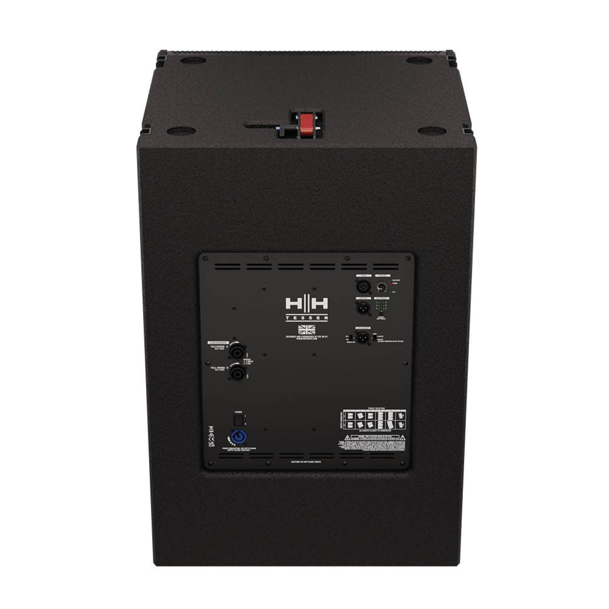 Rear of the HH Audio TNA-2120SA-G3 active subwoofer showing the rigging hardware and amplifier panel