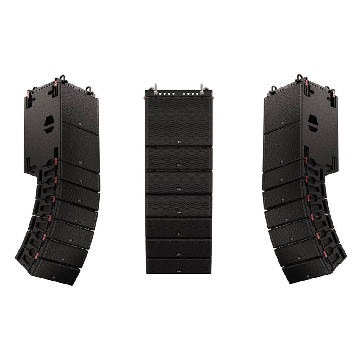 HH Audio TNA line array cabinets hung in curved arrays alongside a straight array, the system the TNA-2120SA-G3 subwoofer supports