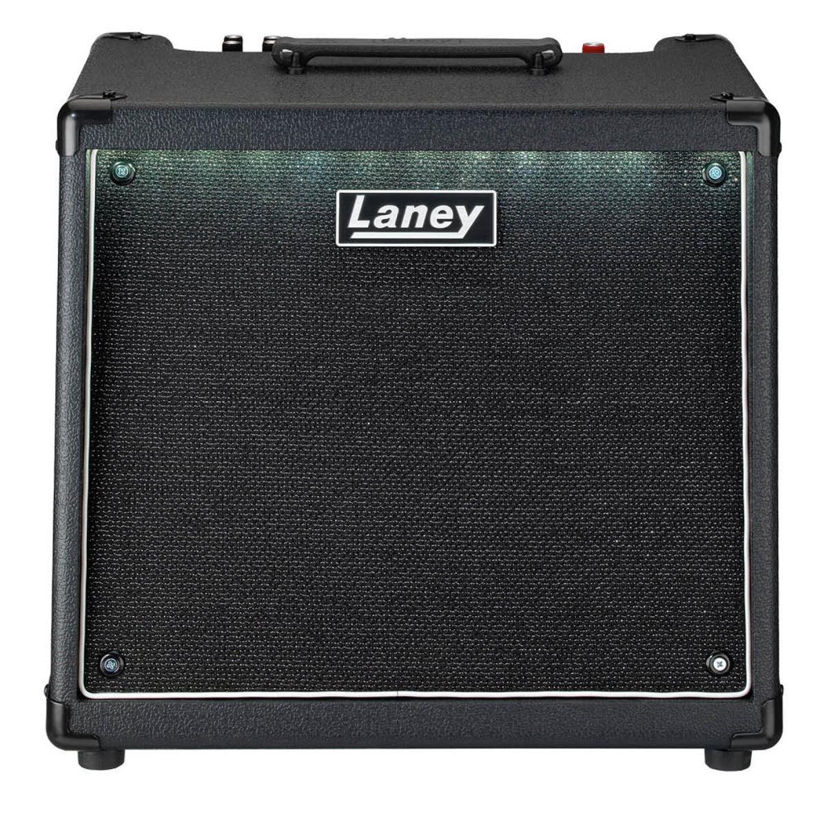 Front view of the Laney AH100 AudioHub combo amp with black vinyl cover, steel corners and illuminated grille border