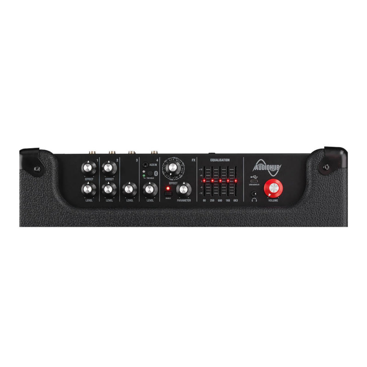 Control panel of the Laney AH100 AudioHub combo amp showing channel level and effect knobs, effects selector, equalizer sliders and USB audio port