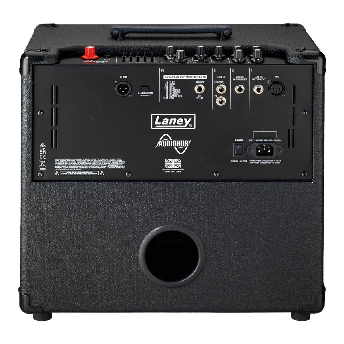 Rear view of the Laney AH100 AudioHub combo amp showing XLR DI out, effects remote, line inputs, XLR mic input and power inlet above the bass port