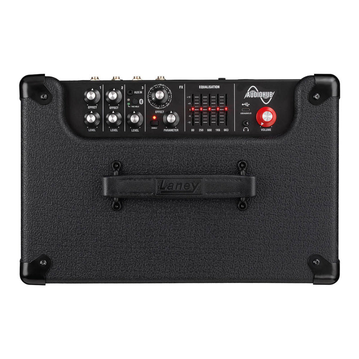 Top view of the Laney AH100 AudioHub combo amp showing the top control panel and strap handle