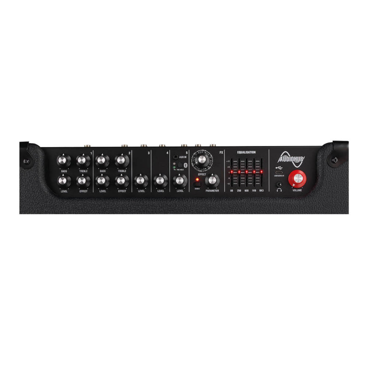 Control panel of the Laney AH200 AudioHub combo amp showing five channels of level, bass, treble and effect knobs, effects selector, equalizer sliders and USB audio port