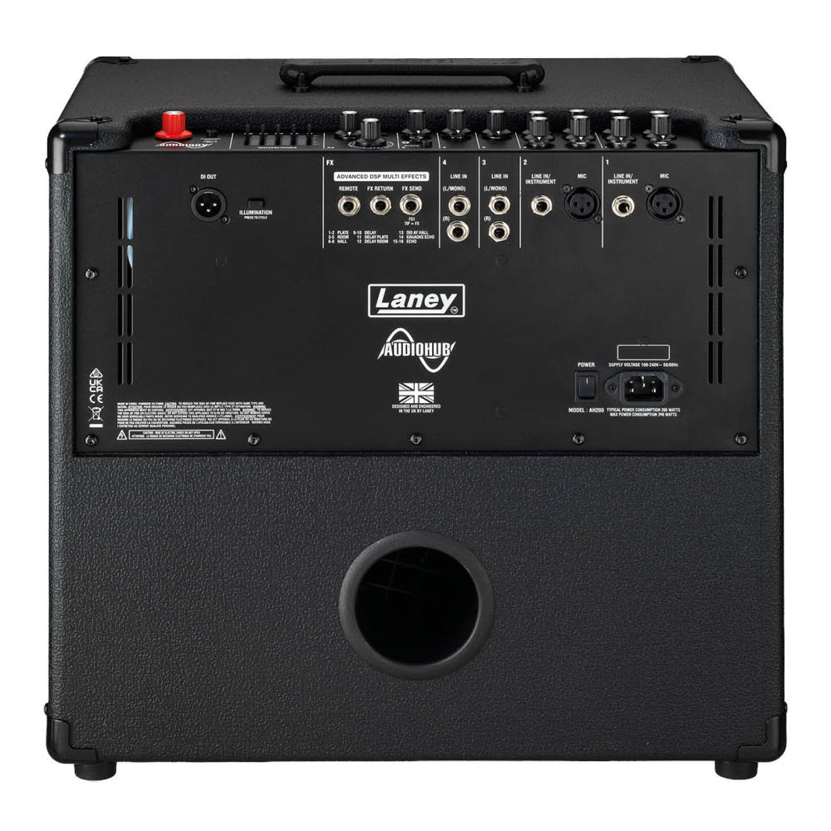 Rear view of the Laney AH200 AudioHub combo amp showing XLR DI out, effects remote, return and send jacks, line and XLR mic inputs and power inlet above the bass port