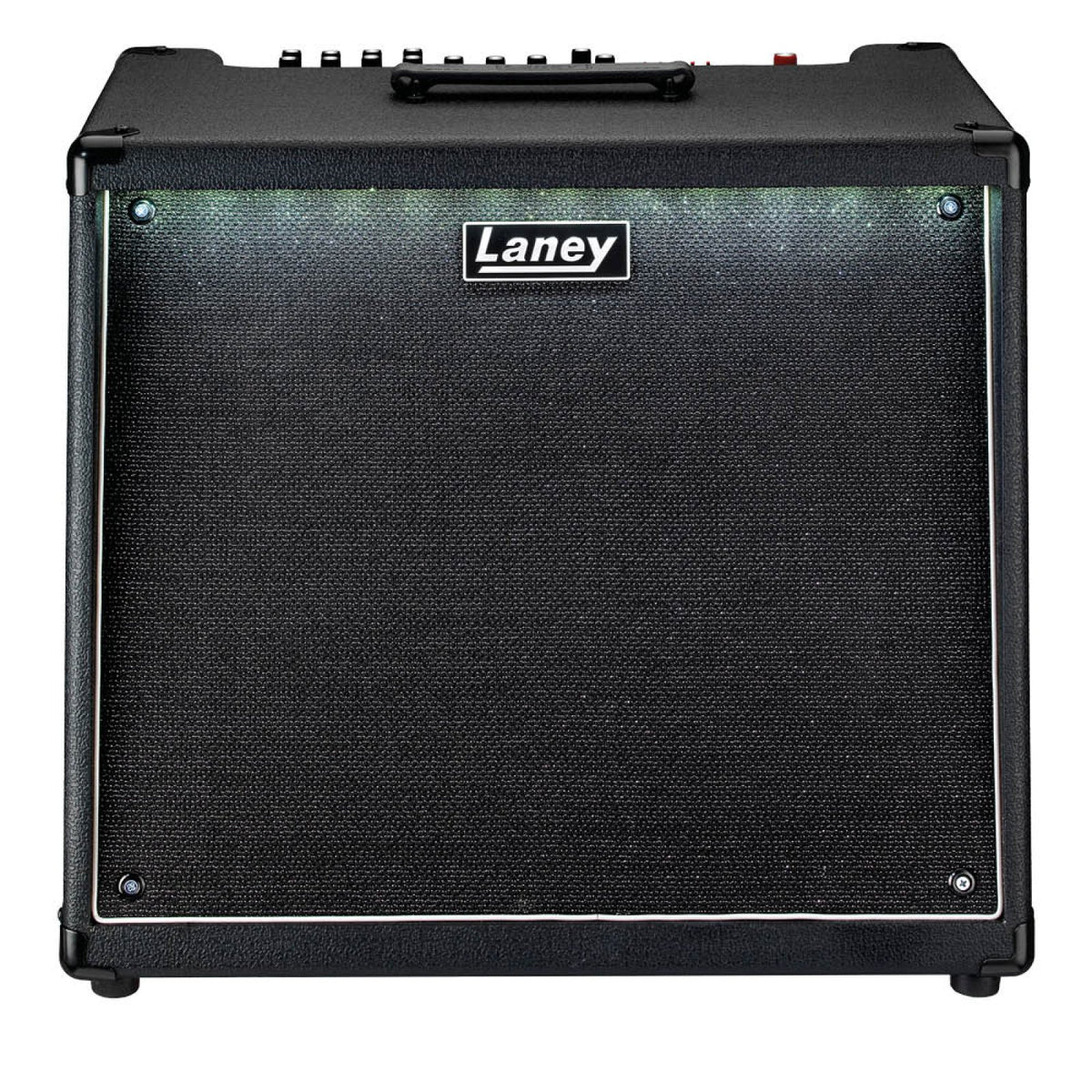 Front view of the Laney AH400 AudioHub combo amp with black vinyl cover, steel corners and illuminated grille border