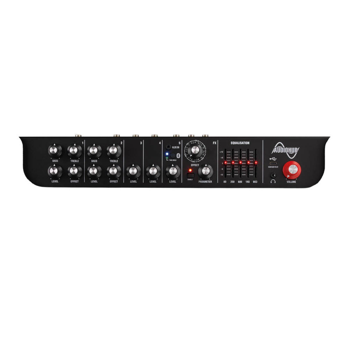 Control panel of the Laney AH400 AudioHub combo amp showing five channels of level, bass, treble and effect knobs, effects selector, equalizer sliders and USB audio port