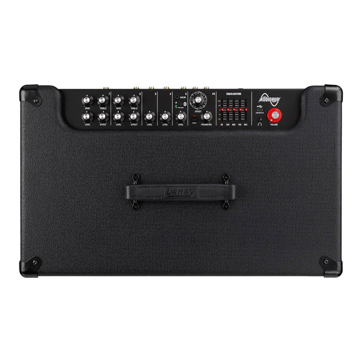 Top view of the Laney AH400 AudioHub combo amp showing the top control panel and strap handle