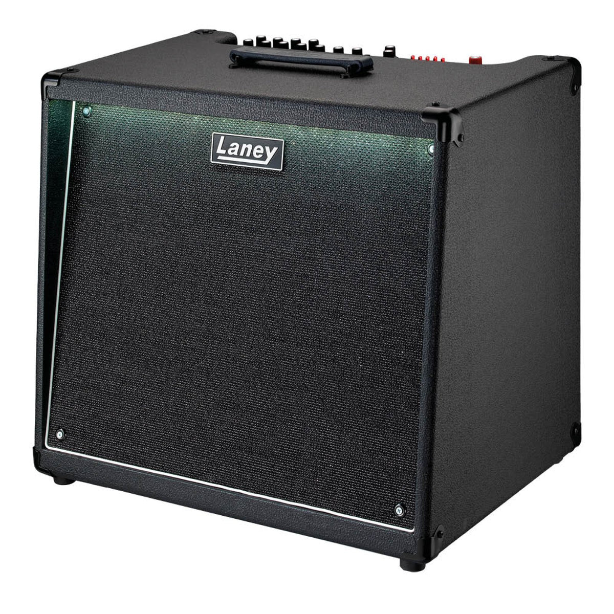 Three-quarter front view of the Laney AH400 AudioHub combo amp showing the cabinet side and top controls