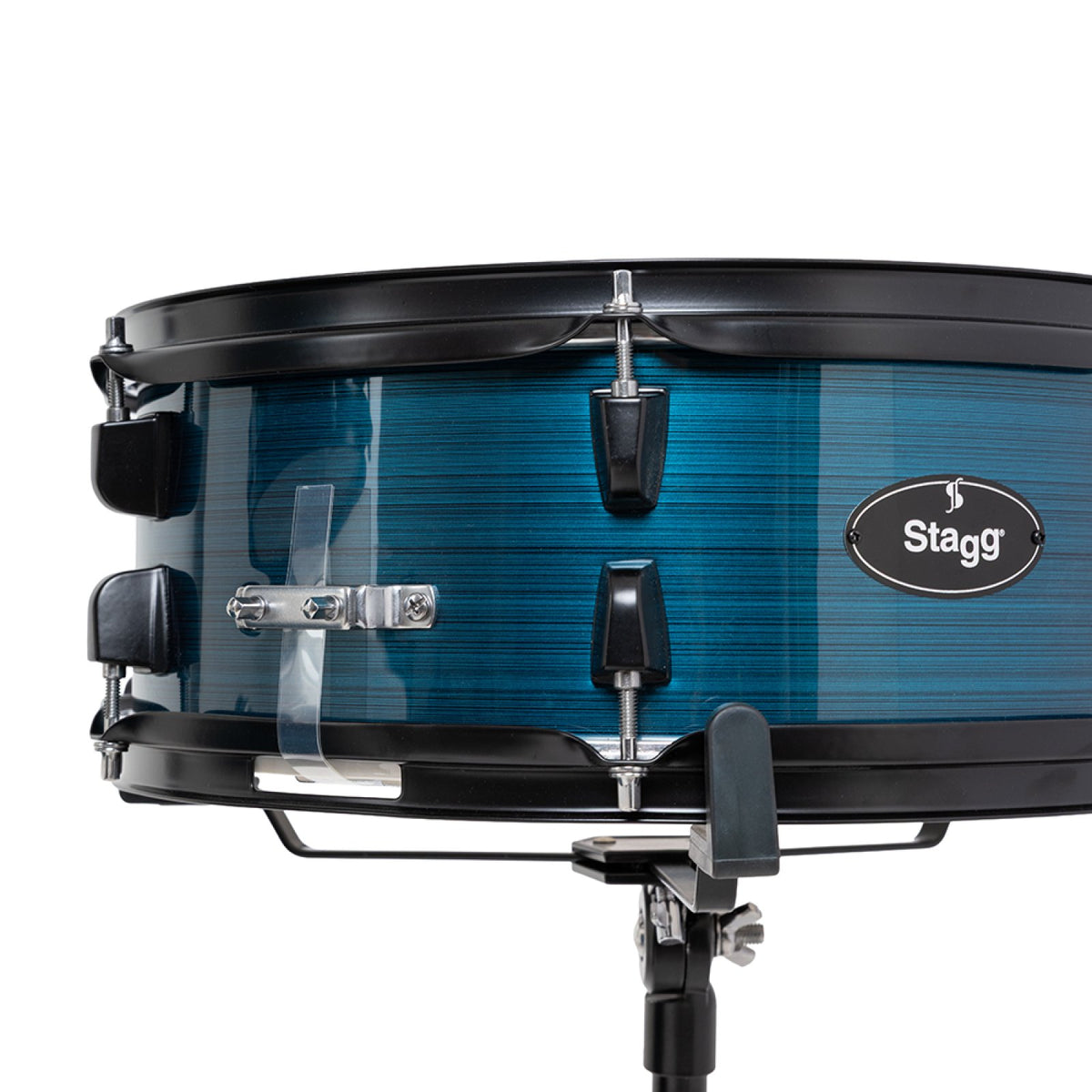 Stagg ATOM-420-CB Cobalt drum set, 14" x 5.5" wooden snare drum on its stand