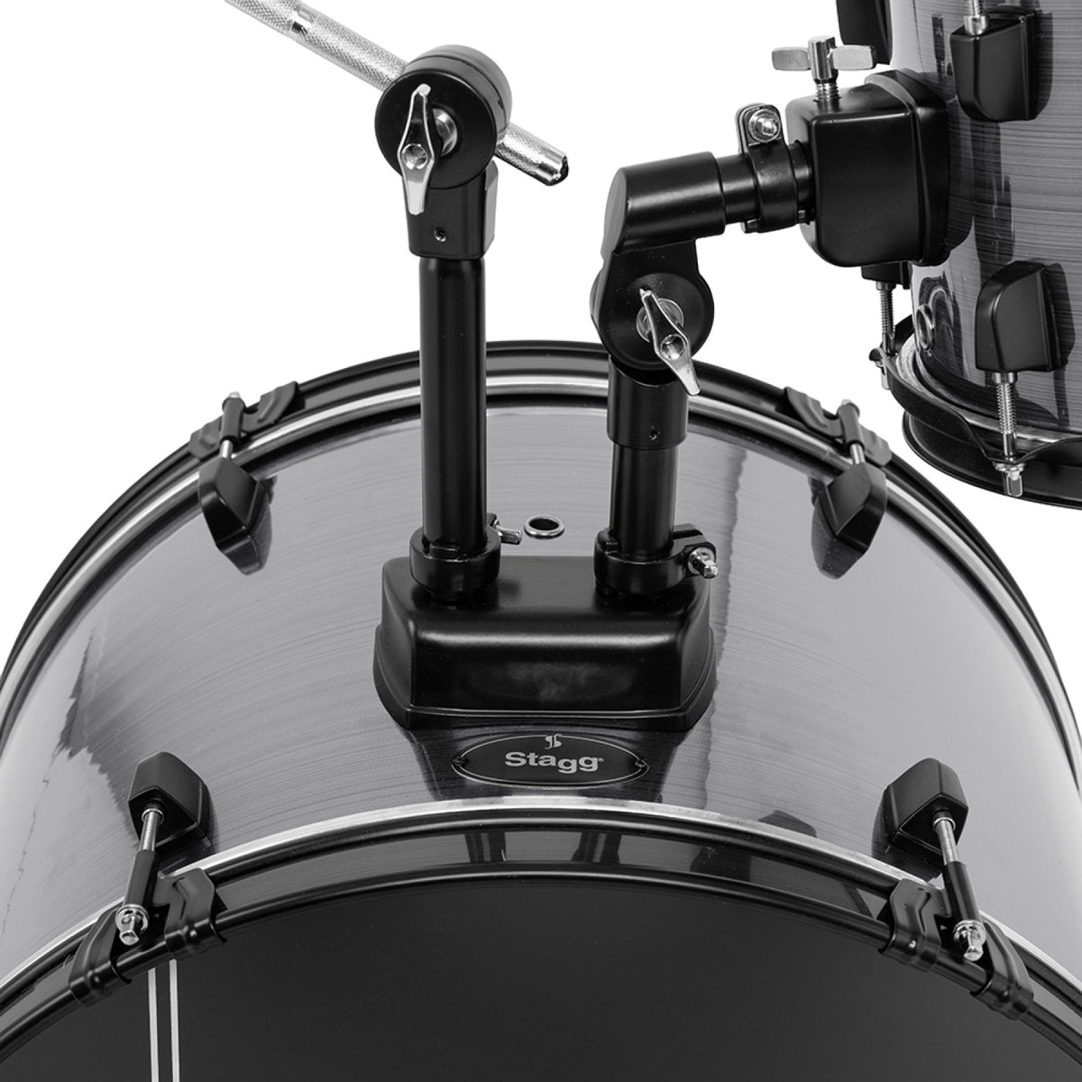 Stagg ATOM-420-SL Slate drum set, close view of the bass drum with tom holder and mounts