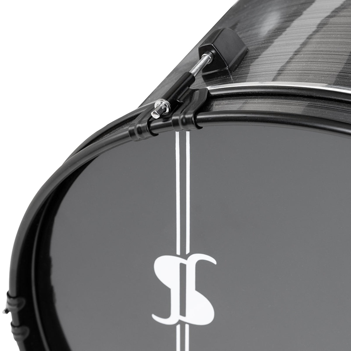 Stagg ATOM-522-SL Slate drum set, 22" bass drum front head with Stagg logo and rim