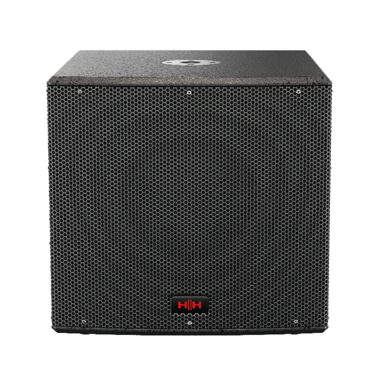 Front of the HH Audio Tensor TRS-1800 18 inch active subwoofer with perforated steel grille and HH logo