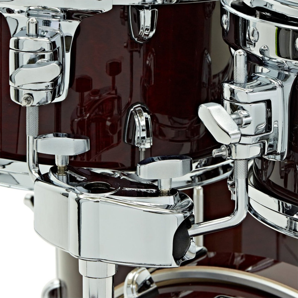 Close-up of the Premier Artist PAB20-5SPCRL tom bracket with memory lock on cherry shells