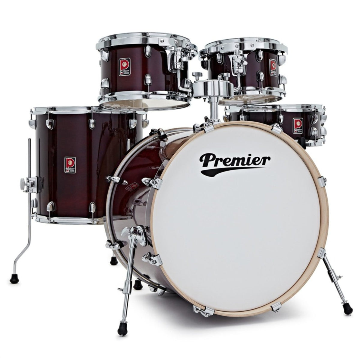 Premier Artist 22" five-piece shell pack in Cherry (10/12/16/22): front view of the five-piece kit set up with the white-coated bass drum head