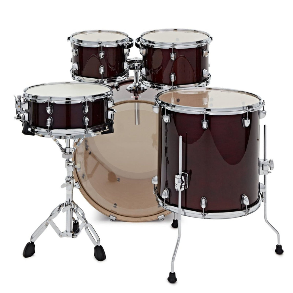 Premier Artist 22" five-piece shell pack in Cherry (10/12/16/22): rear view of the toms, floor tom and snare drum with the bass drum behind them
