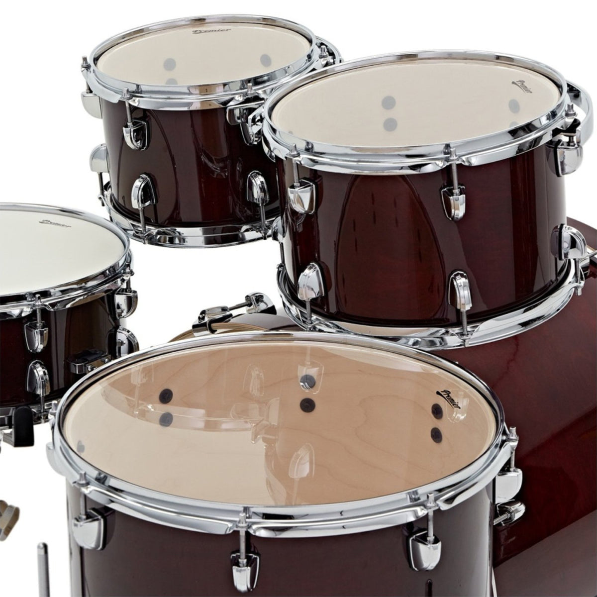 Premier Artist 22" five-piece shell pack in Cherry (10/12/16/22): close-up of the rack toms showing the chrome rims and tension lugs