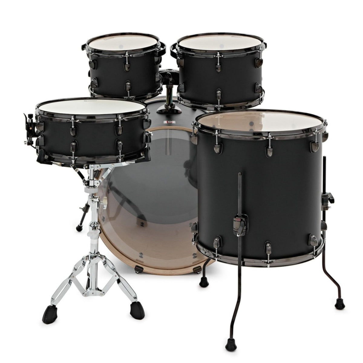 Premier Artist 22" five-piece shell pack in Matt Black (10/12/16/22): rear view of the toms, floor tom and snare drum with the bass drum behind them