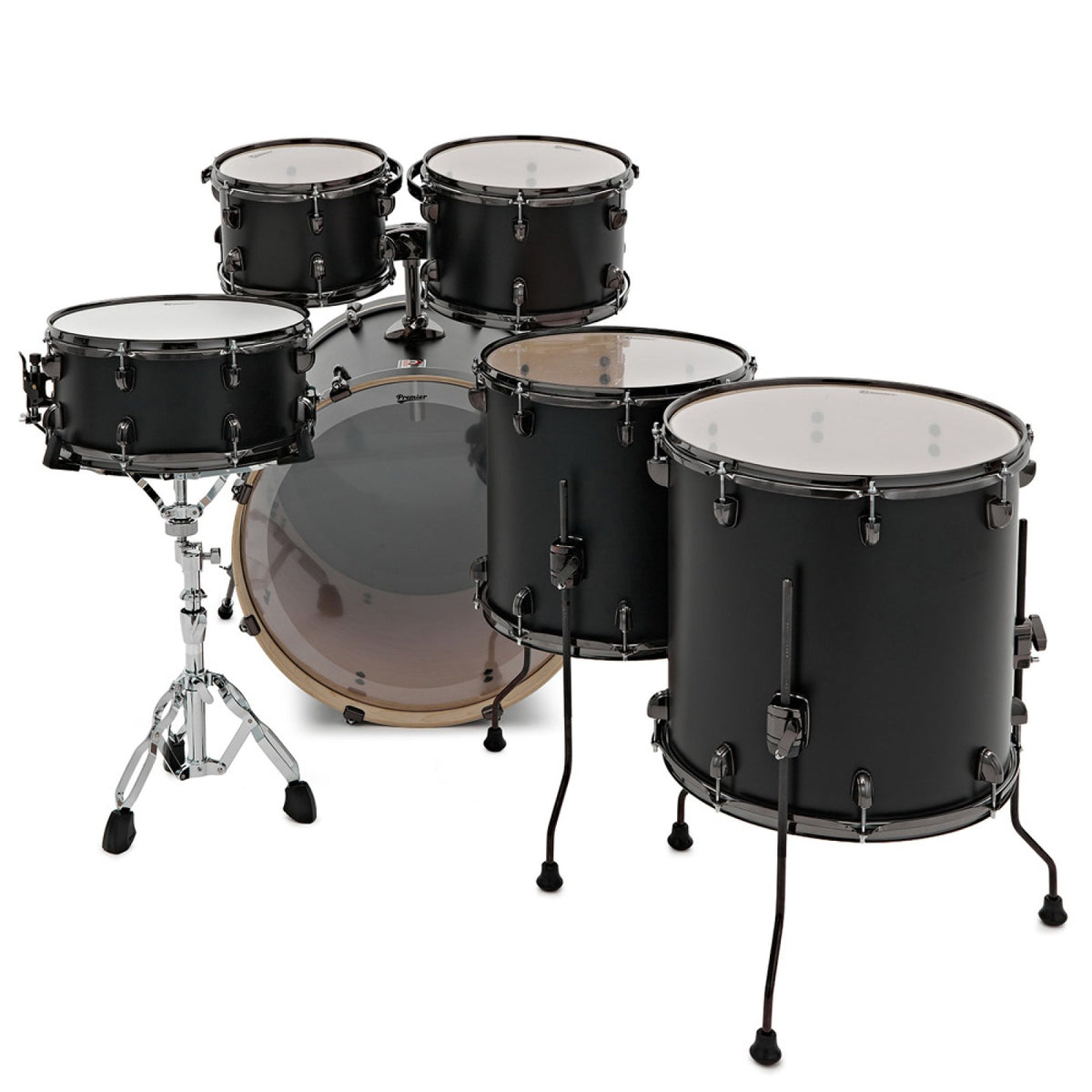 Premier Artist 22" six-piece shell pack in Matt Black (10/12/14/16/22): rear view of the toms, two floor toms and snare drum with the bass drum behind them
